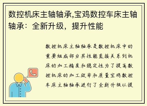 数控机床主轴轴承,宝鸡数控车床主轴轴承：全新升级，提升性能